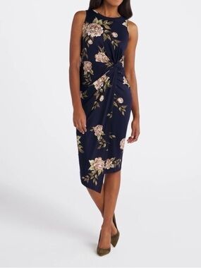Nine Britton Navy Floral Twist-Front Midi Dress XS